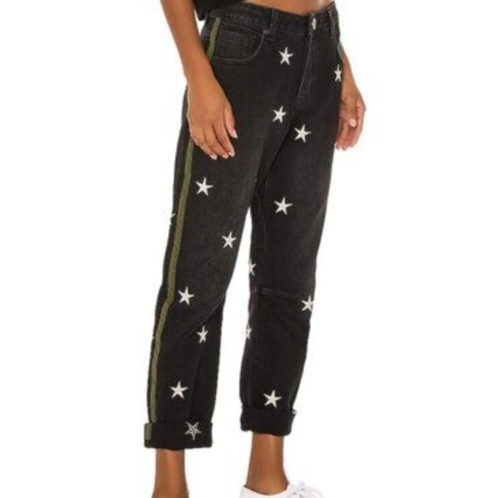 One Teaspoon Black Star Saints Embroidered Boyfriend Jeans Mid Rise Womens 28